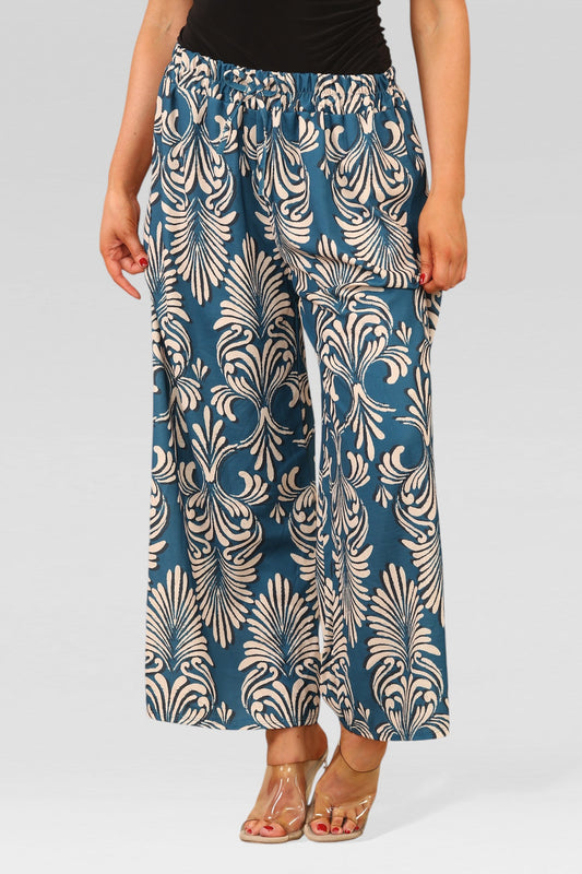 WIJDE PIJPEN BROEK MET ELASTISCHE TAILLE EN ART DECO PRINT IN PETROL