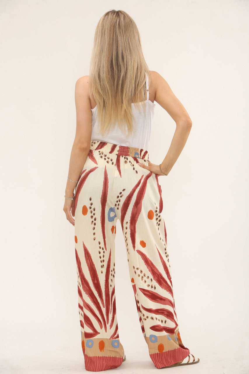 TROPISCHE PRINT BROEK MET ELASTIEK IN DE TAILLE - ROESTBRUIN