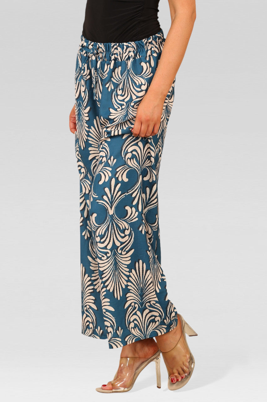 WIDE LEG ELASTICATED WAIST ART DECO PRINT TROUSERS TEAL