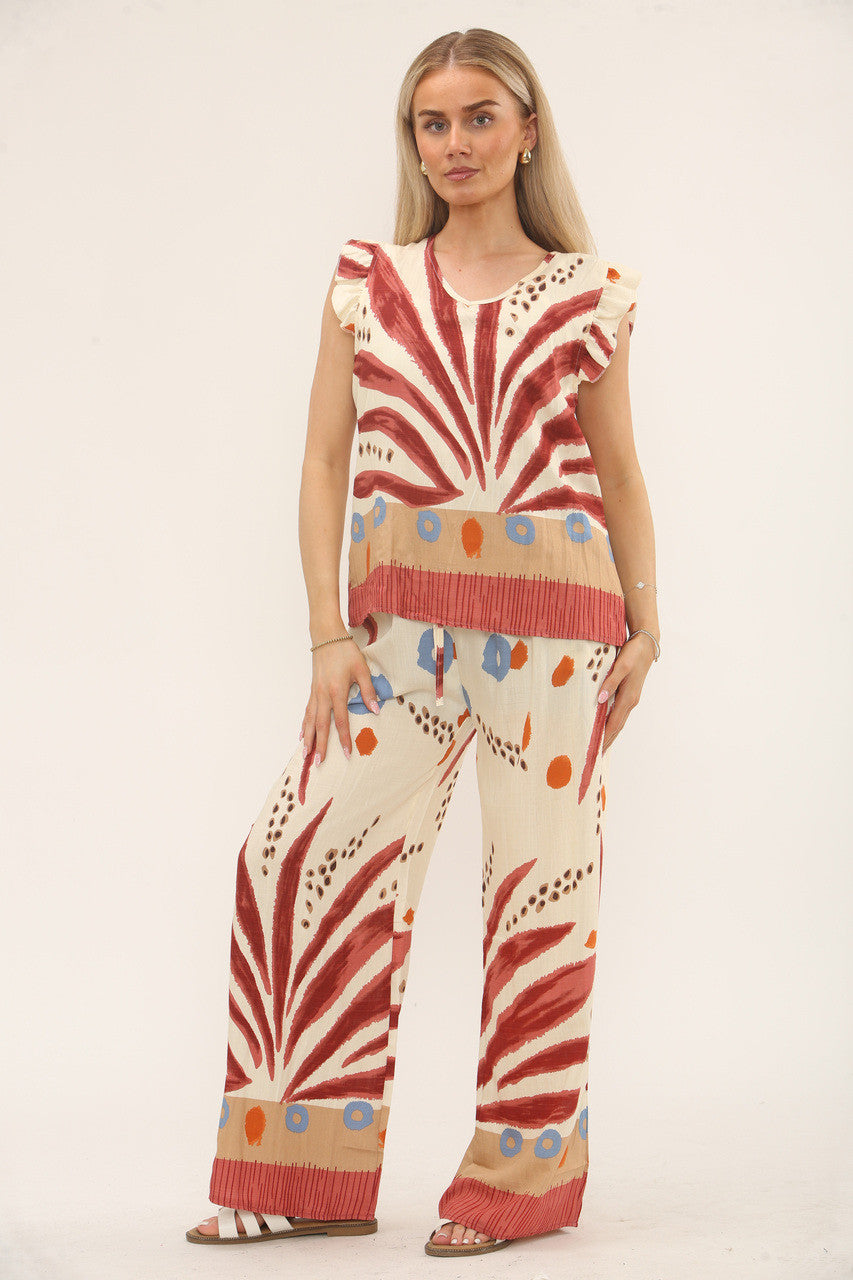 MOUWLOZE TOP MET TROPISCHE PRINT - ROESTBRUIN
