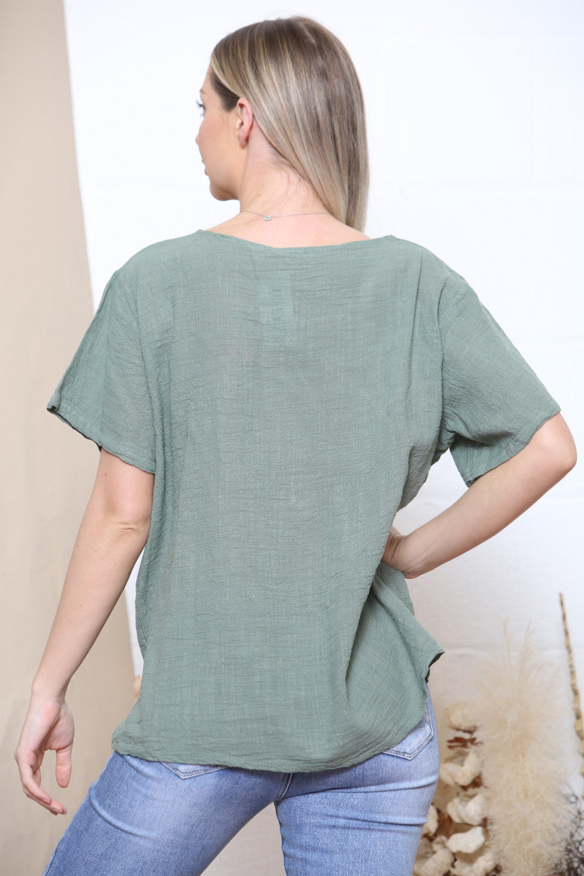 Ladies Tree Of Life Foil Embellished Cotton Top Khaki
