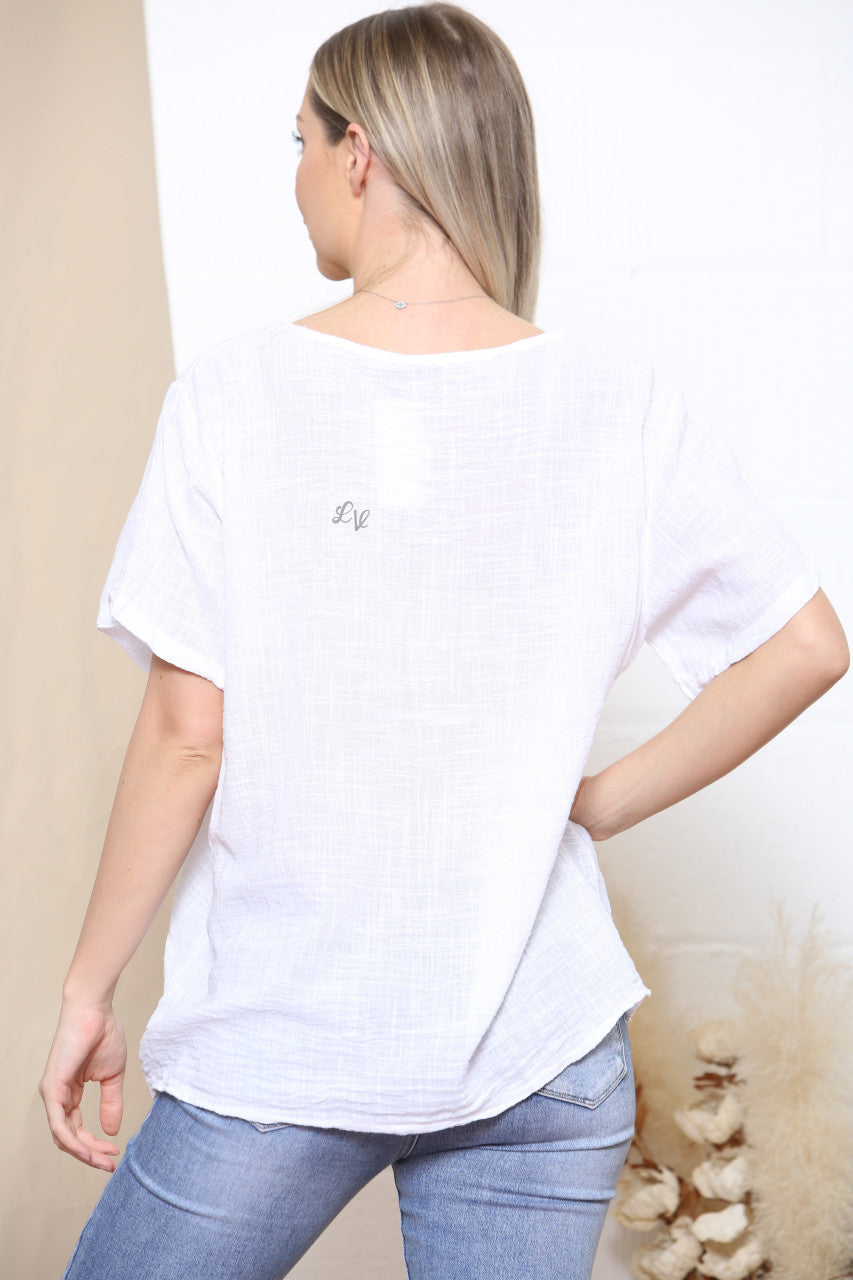 Ladies Tree Of Life Foil Embellished Cotton Top White