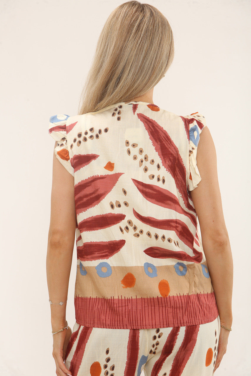 MOUWLOZE TOP MET TROPISCHE PRINT - ROESTBRUIN