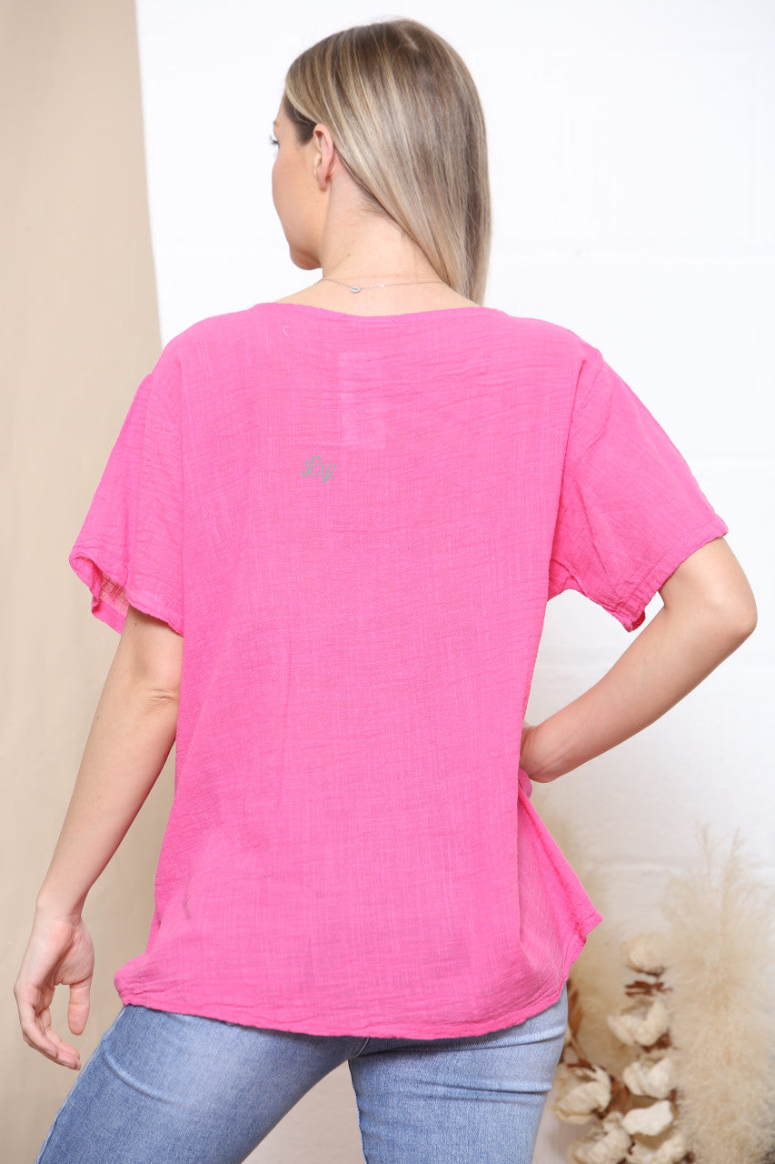 Dames Katoenen Top Kersenrood Met Folie Opdruk Levensboom