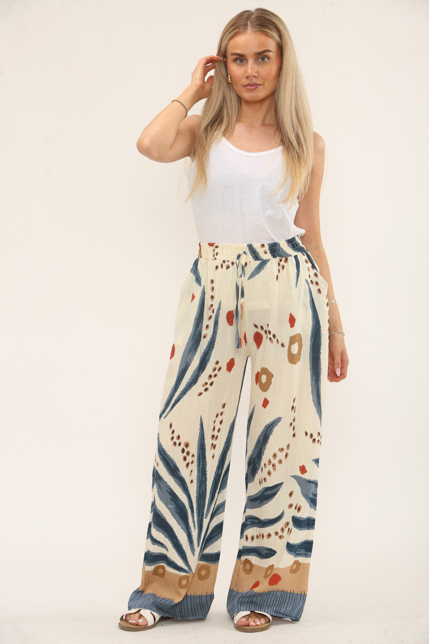 TROPISCHE PRINT BROEK MET ELASTIEK IN DE TAILLE - BLAUW