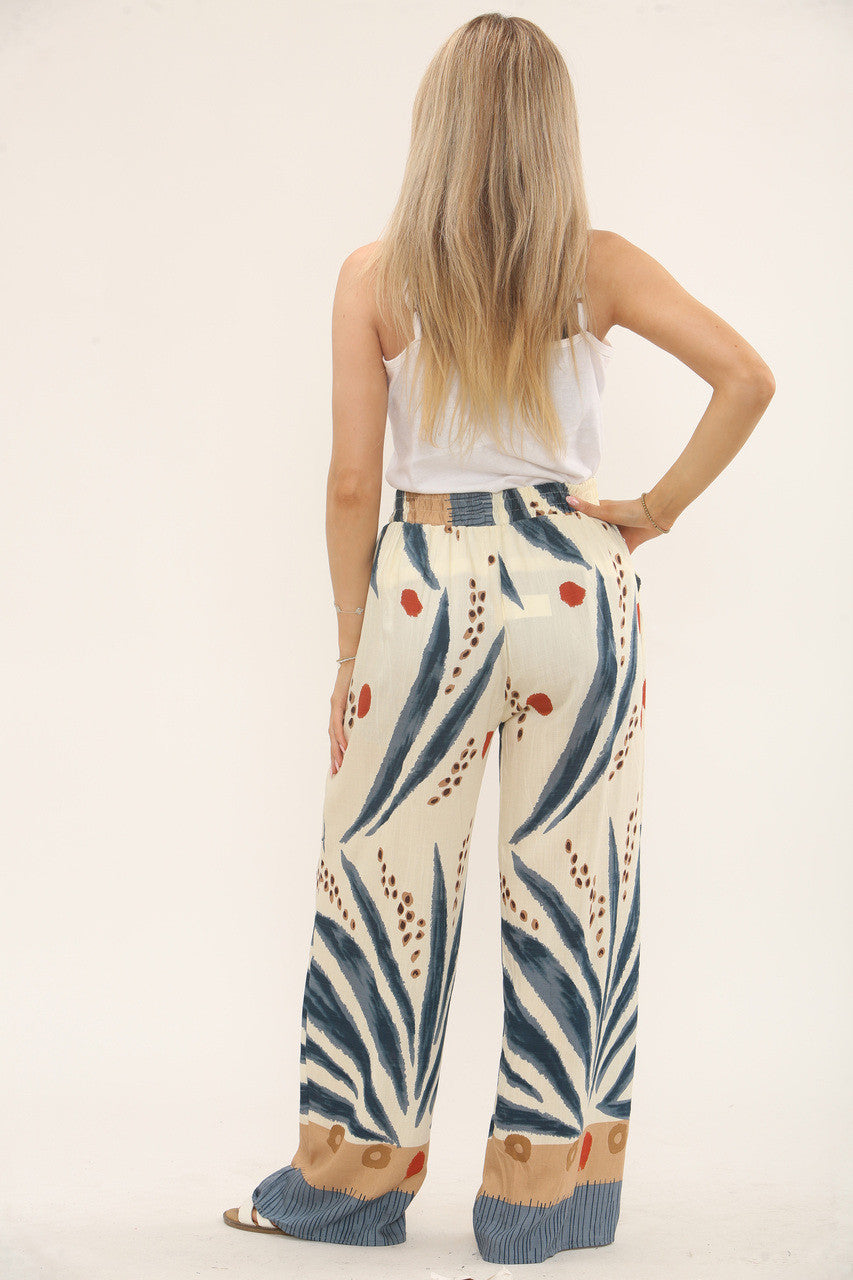 TROPISCHE PRINT BROEK MET ELASTIEK IN DE TAILLE - BLAUW
