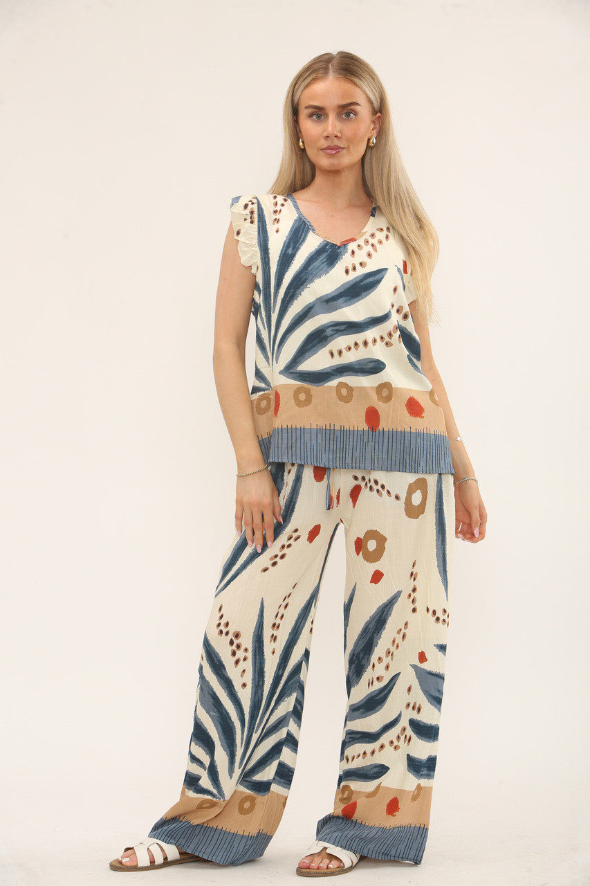 TROPISCHE PRINT BROEK MET ELASTIEK IN DE TAILLE - BLAUW