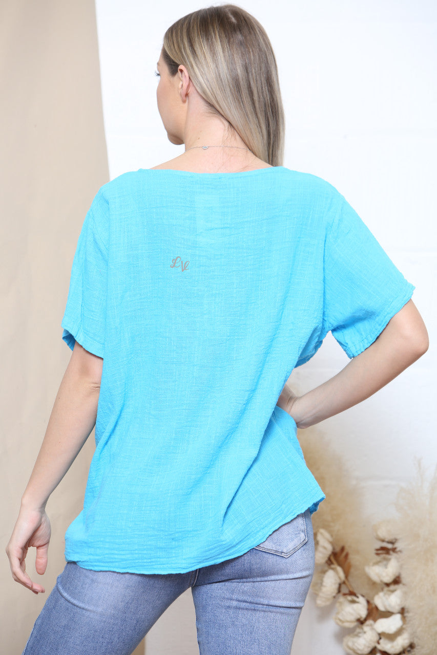 Dames Katoenen Top met Levensboom en Folieprint Turkoois