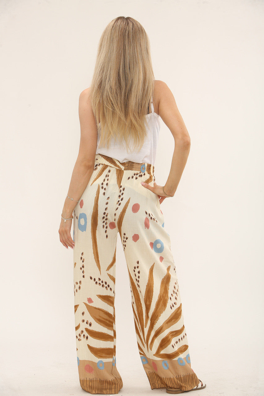 TROPICAL PRINT ELASTICATED TROUSERS - TAN