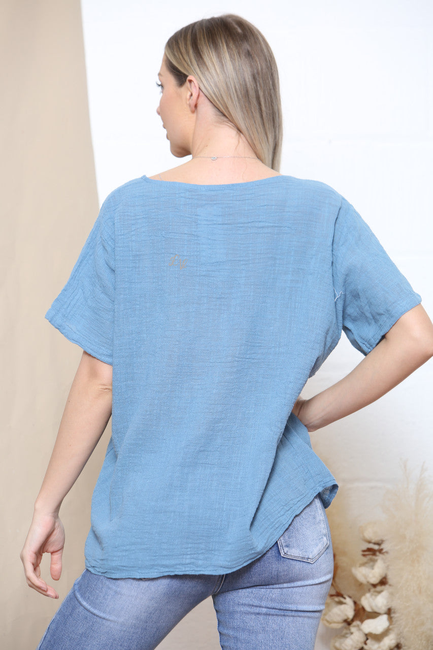 Ladies Tree Of Life Foil Embellished Cotton Top Denim