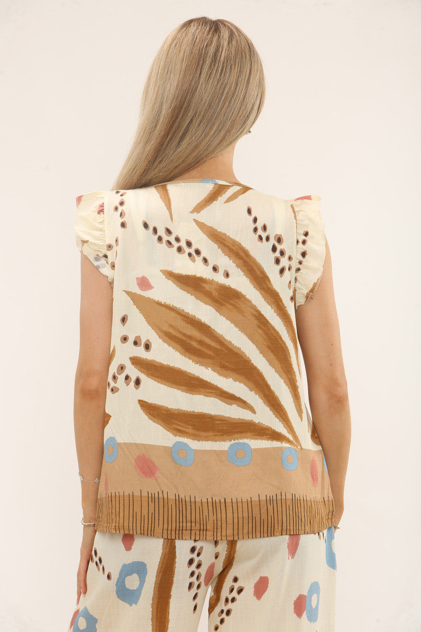MOUWLOZE TOP MET TROPISCHE PRINT - TAN