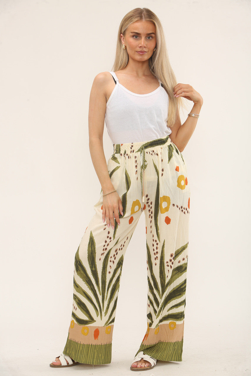 TROPISCHE PRINT BROEK MET ELASTIEK IN DE TAILLE - KAKI