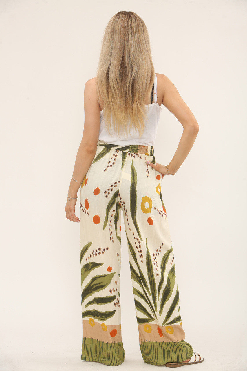 TROPISCHE PRINT BROEK MET ELASTIEK IN DE TAILLE - KAKI