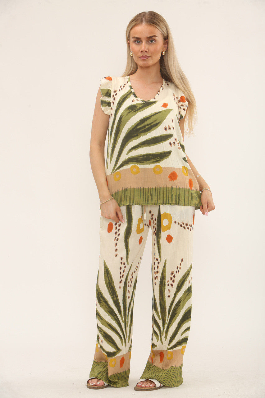 TROPICAL PRINT ELASTICATED TROUSERS - KHAKI