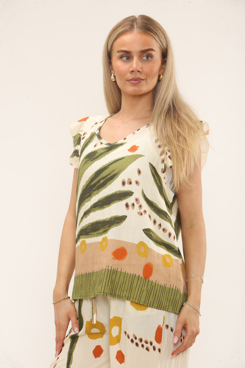 TROPISCHE MOUWLOZE TOP - KHAKI