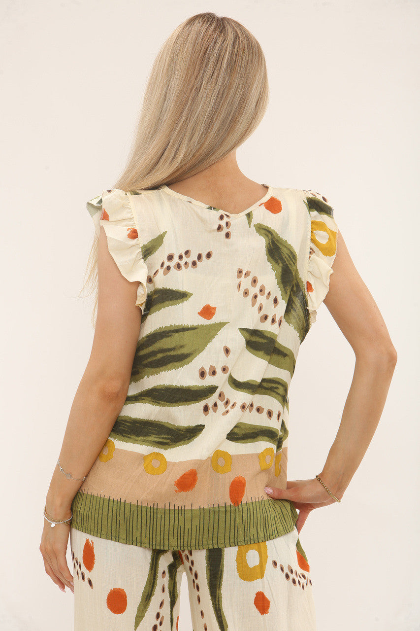 TROPISCHE MOUWLOZE TOP - KHAKI