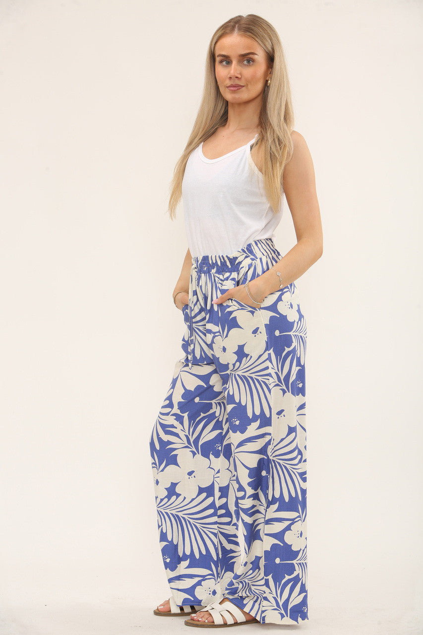 PANTALON MET BLOEMENBLADPRINT EN ELASTISCHE TAILLE - CERULEUMBLAUW