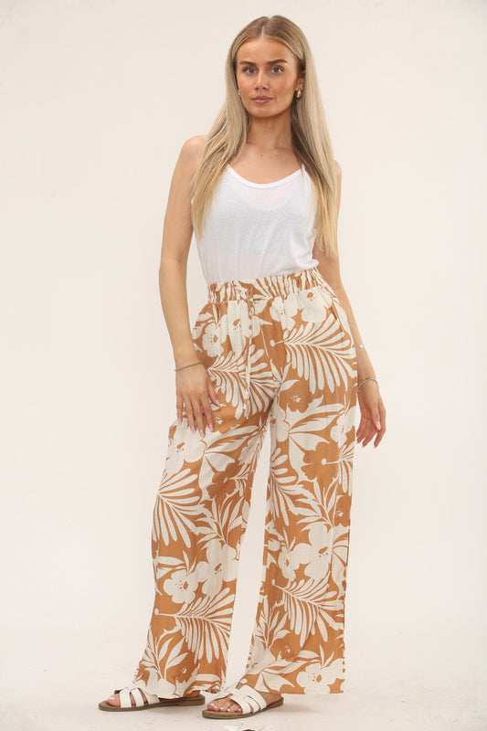 BROEK MET BLOEMEN- EN BLADPRINT EN ELASTISCHE BAND - CAMEL