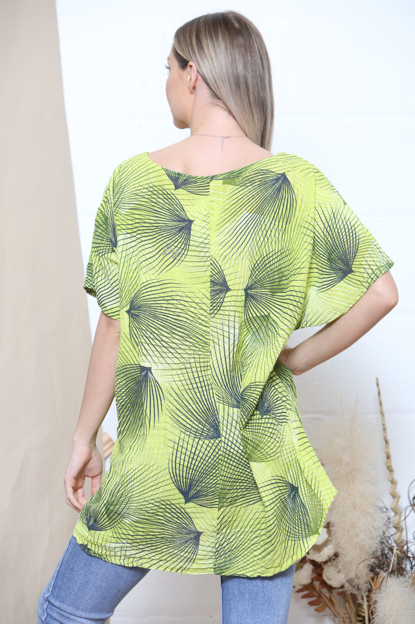 Ladies Abstract Line Print Short Sleeved Cotton Top Lime