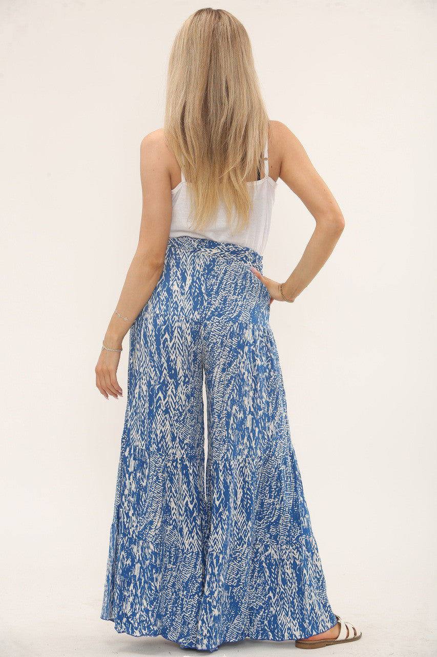 BROEK MET ABSTRACTE PRINT EN ELASTISCHE TAILLEBAND - BLAUW