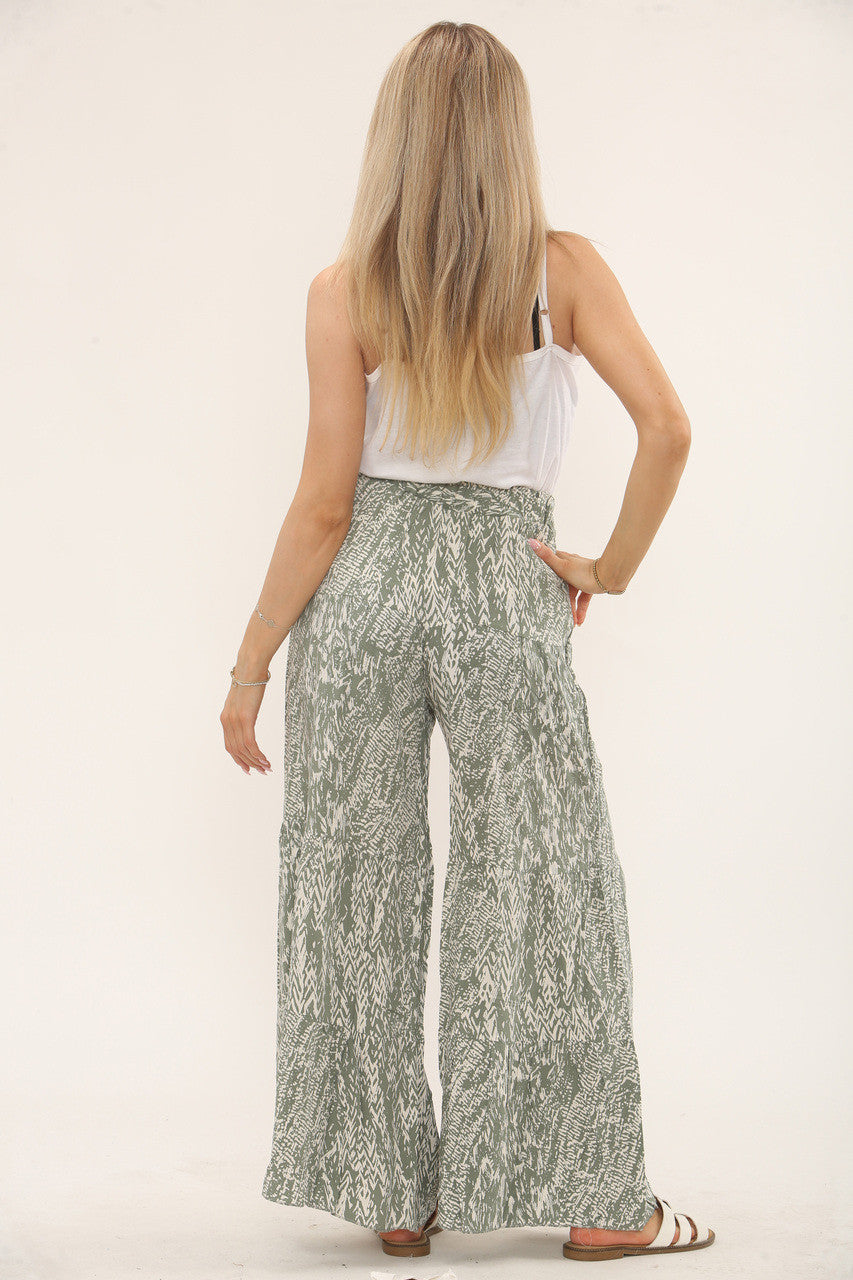 ABSTRACT PRINT ELASTICATED TROUSERS - KHAKI