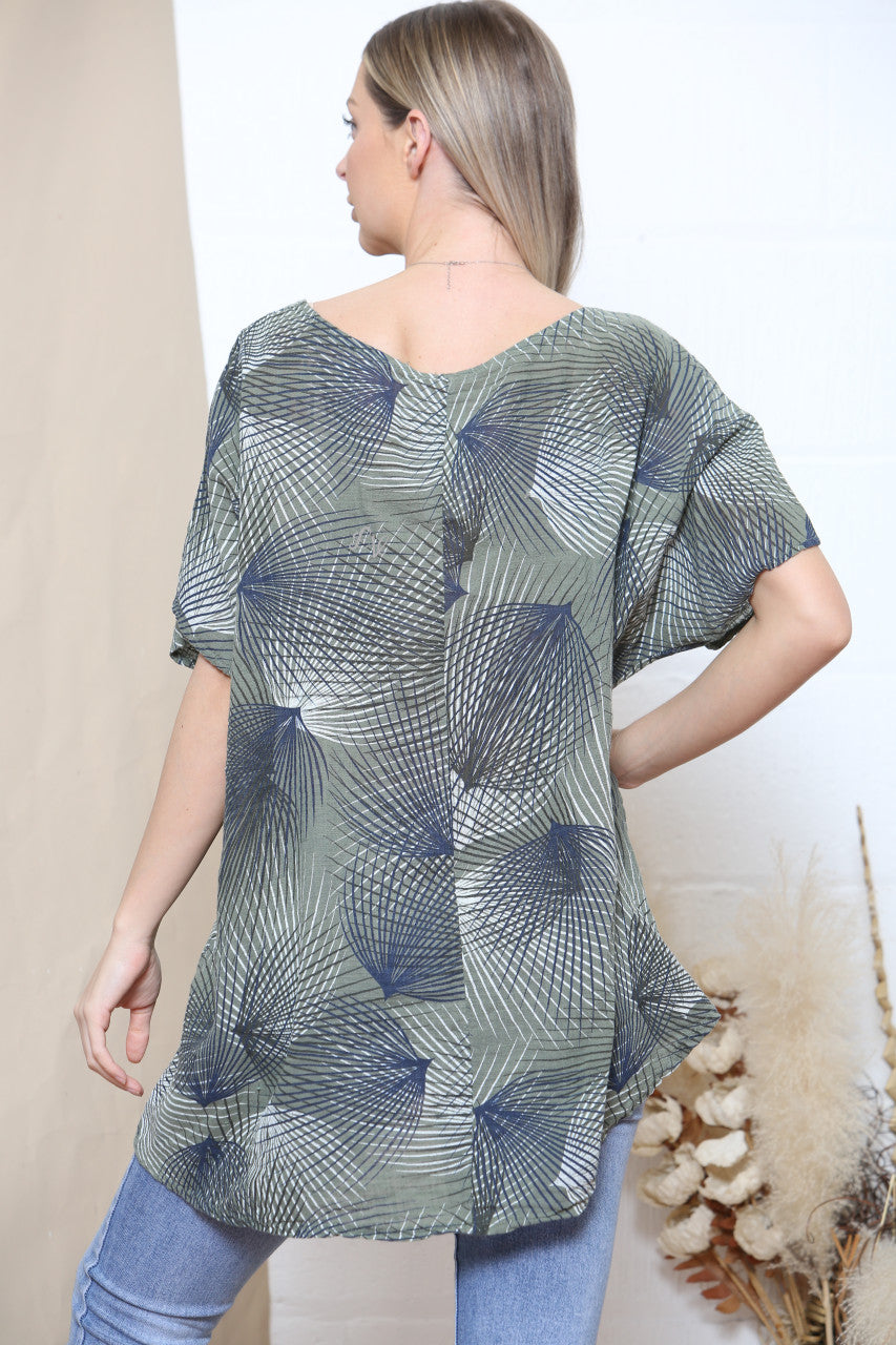 Ladies Abstract Line Print Short Sleeved Cotton Top Khaki