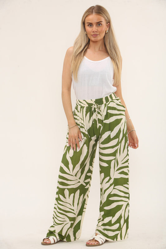 BROEK MET BLADPRINT EN ELASTIEK IN DE TAILLE - OLIJFGROEN