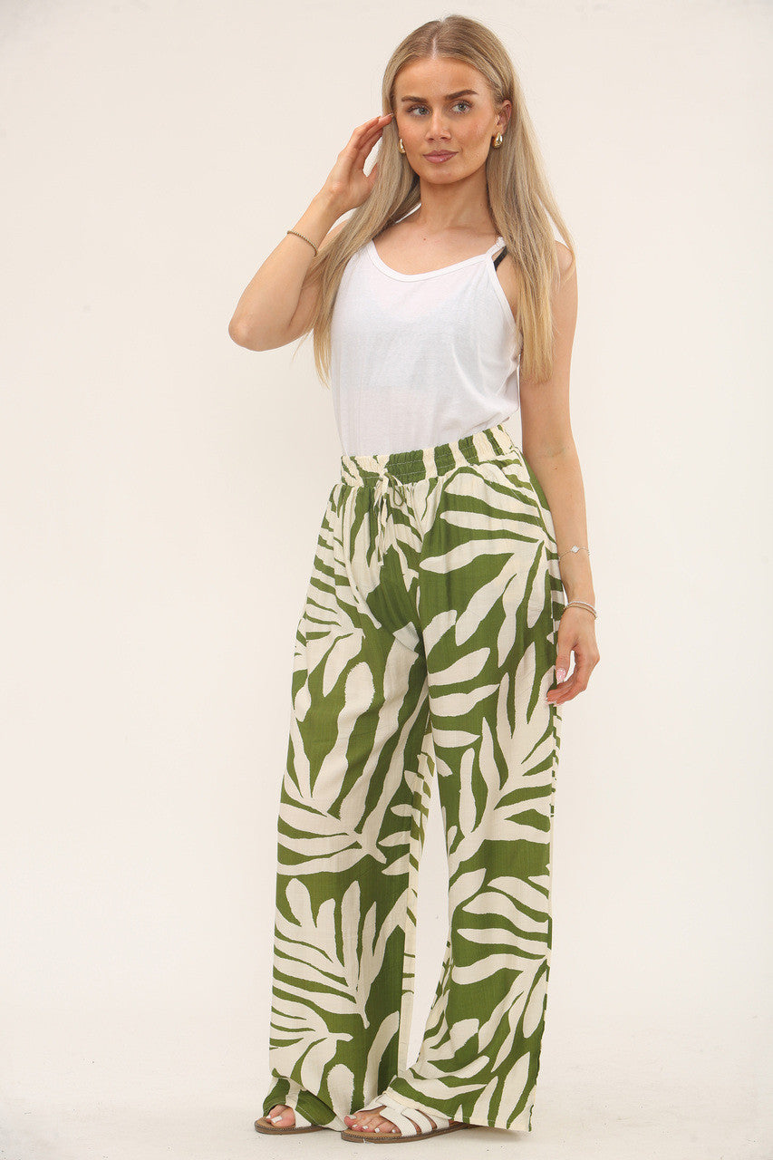BROEK MET BLADPRINT EN ELASTIEK IN DE TAILLE - OLIJFGROEN
