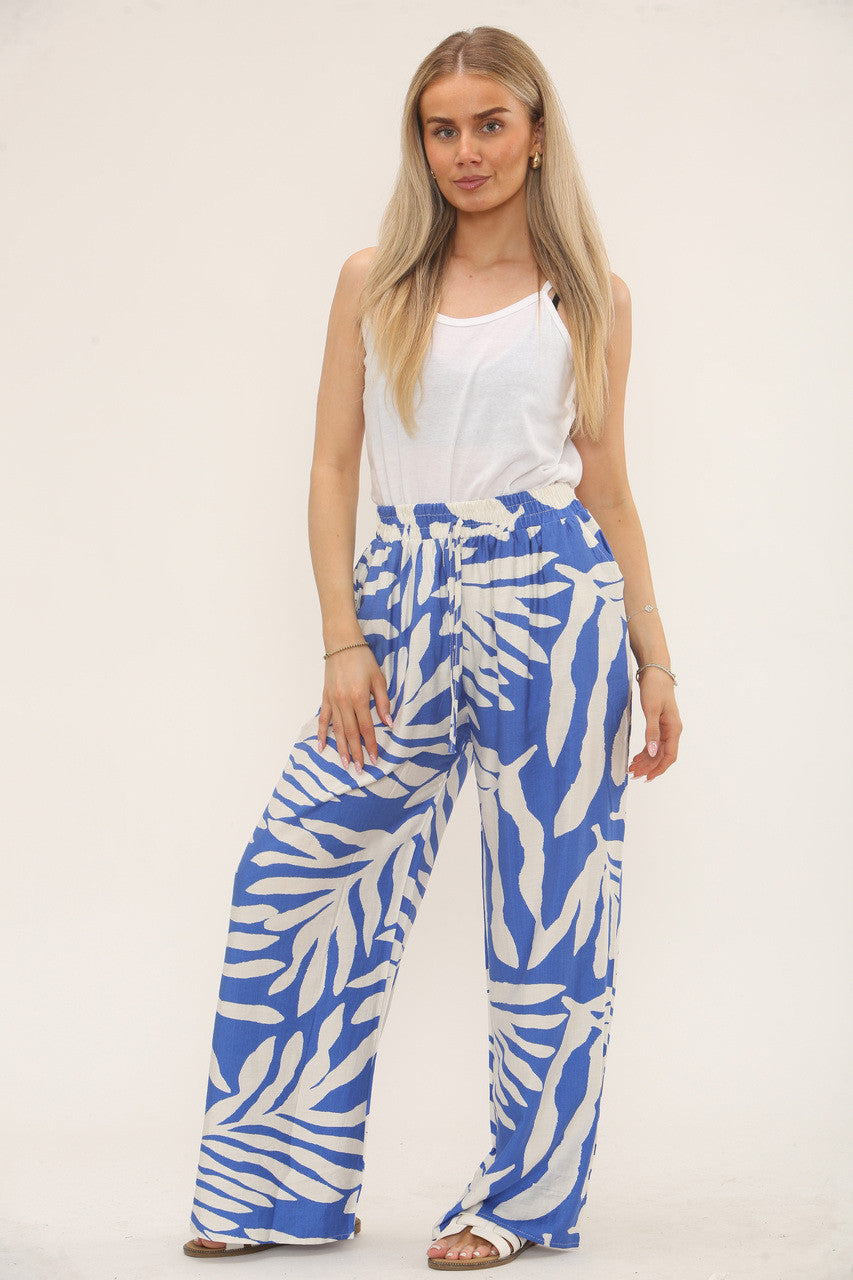 LEAF PRINT ELASTICATED TROUSERS - CERULEAN BLUE