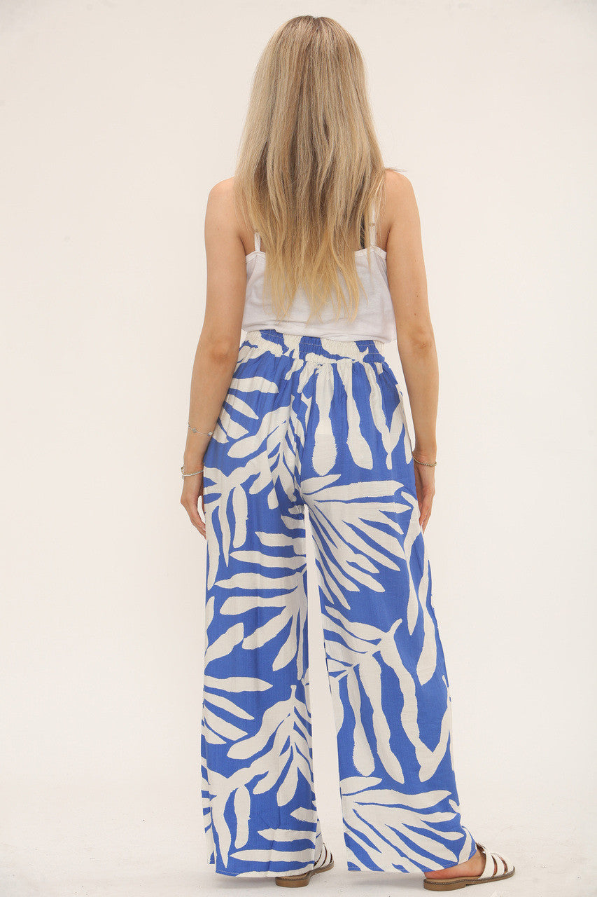 LEAF PRINT ELASTICATED TROUSERS - CERULEAN BLUE