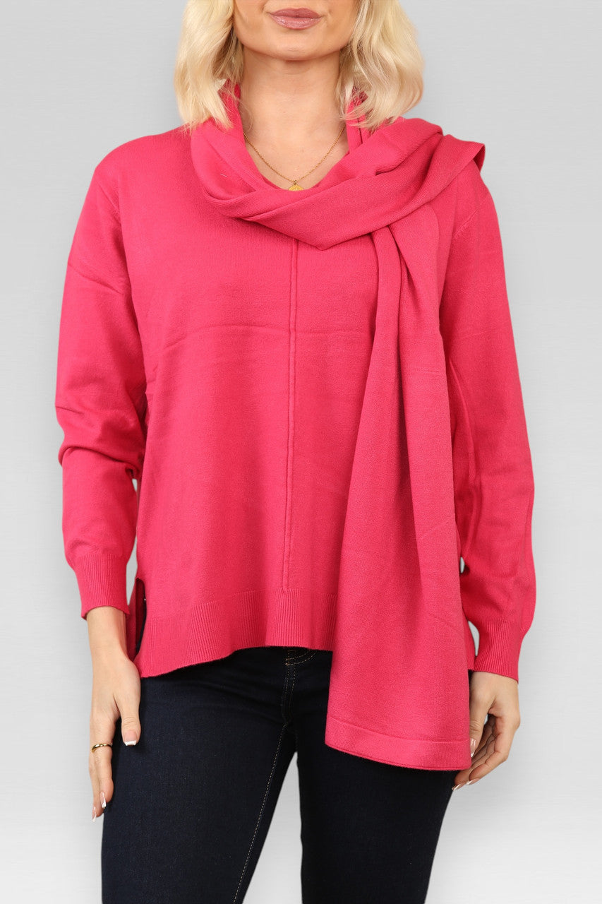 GEBREIDE TRUI MET SJAAL LIPSTICKROZE