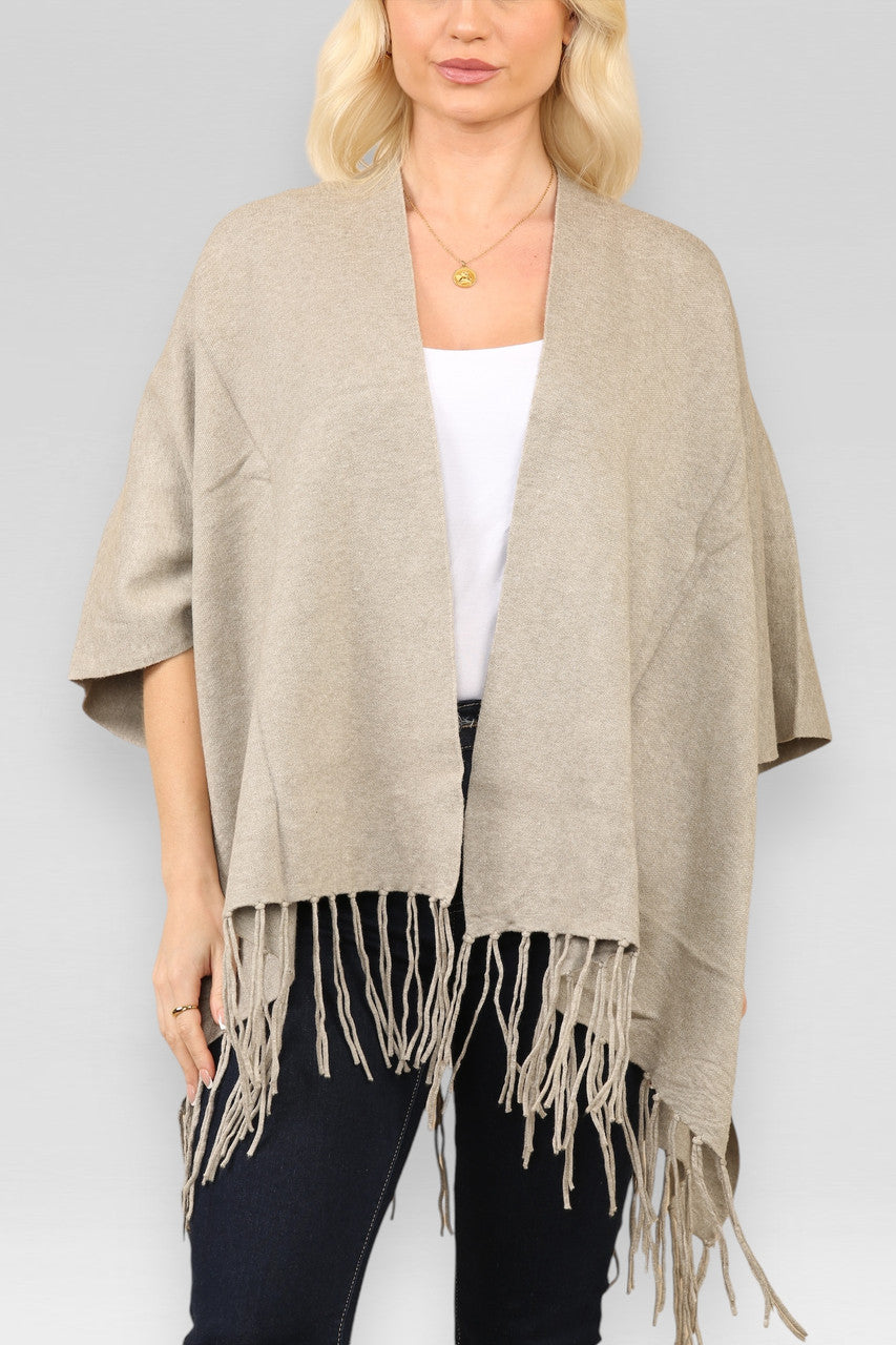 TASSLE TRIM KNITTED CARDIGAN CAPE TAUPE