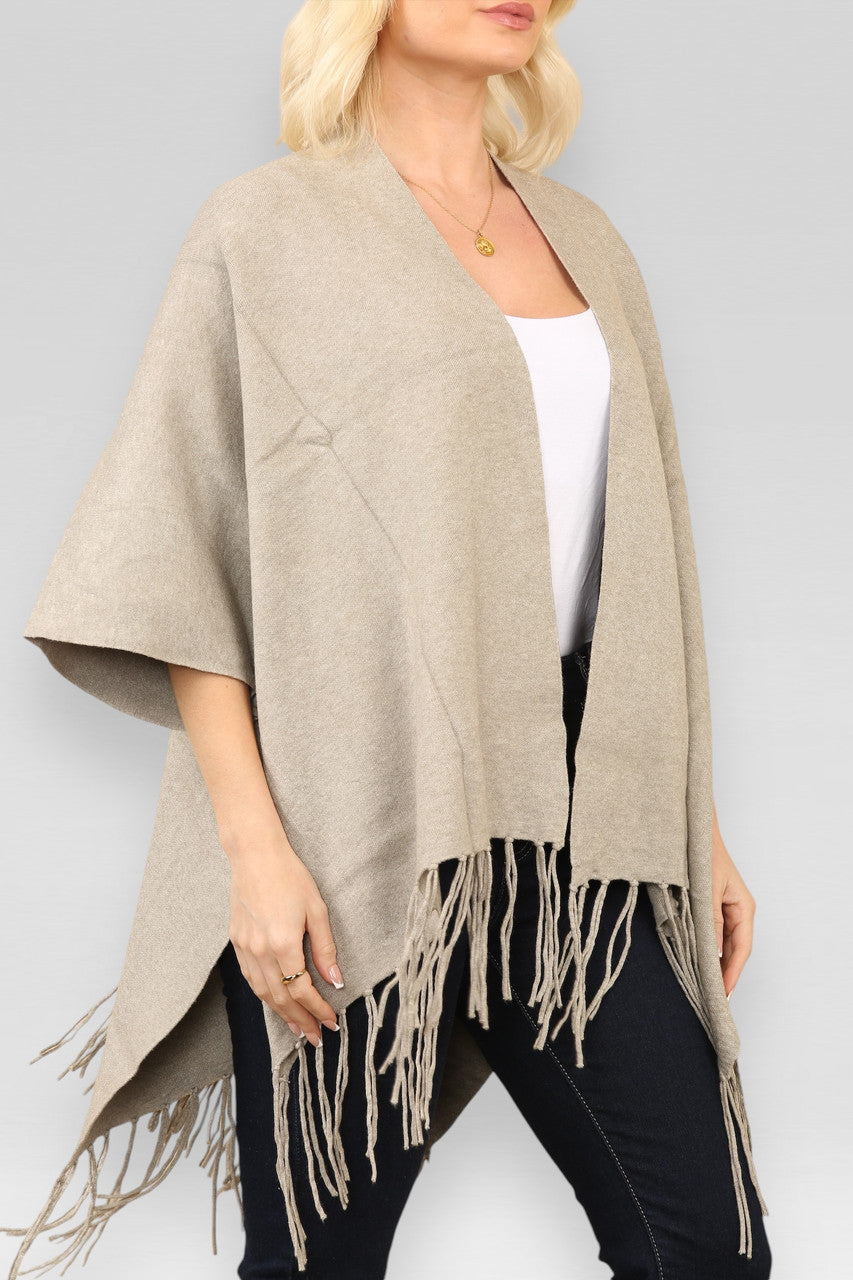 TASSLE TRIM KNITTED CARDIGAN CAPE TAUPE