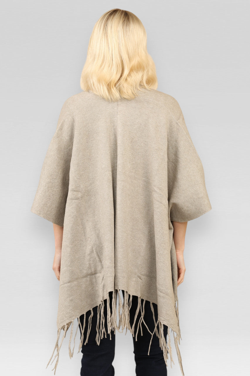 TASSLE TRIM KNITTED CARDIGAN CAPE TAUPE