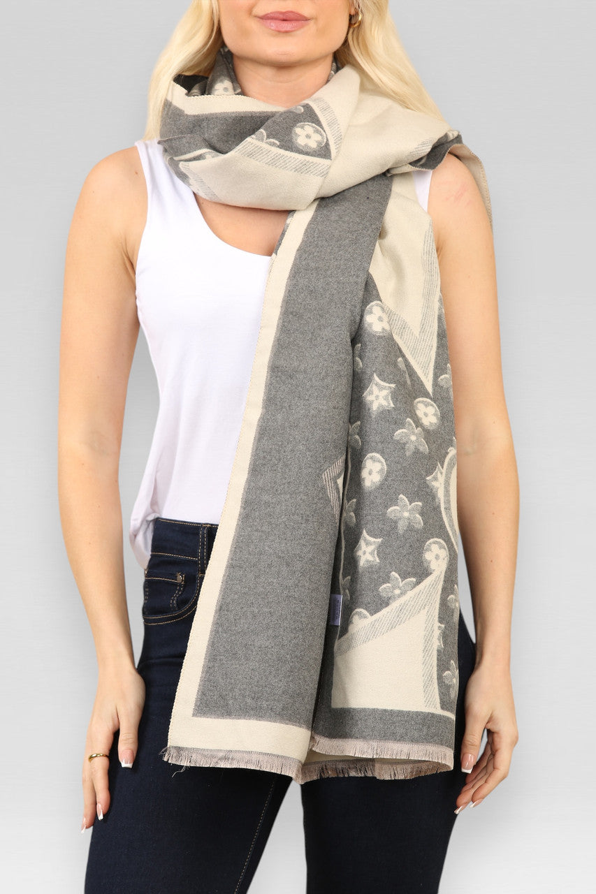 FLORALE & GEOMETRISCHE PRINT SJAAL GRIJS