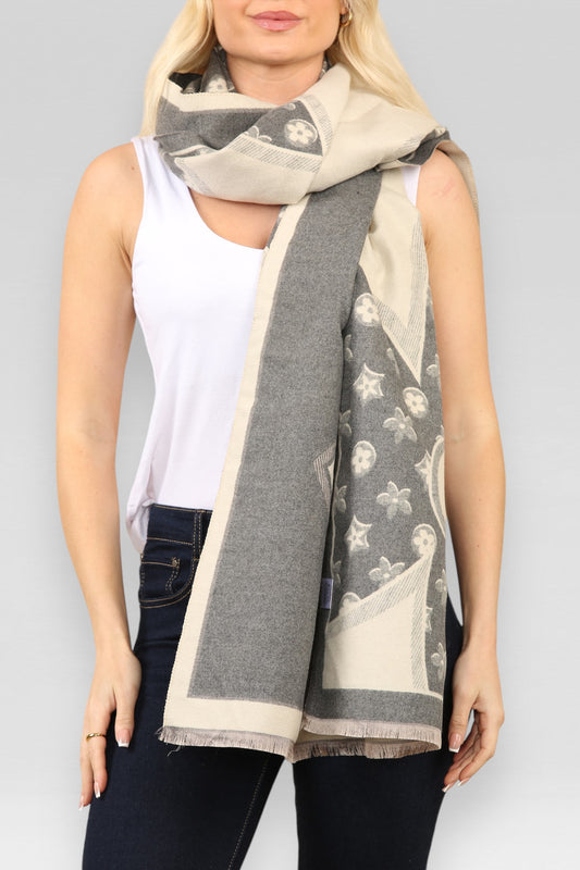 FLORALE & GEOMETRISCHE PRINT SJAAL GRIJS