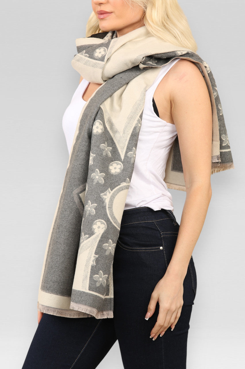 FLORALE & GEOMETRISCHE PRINT SJAAL GRIJS