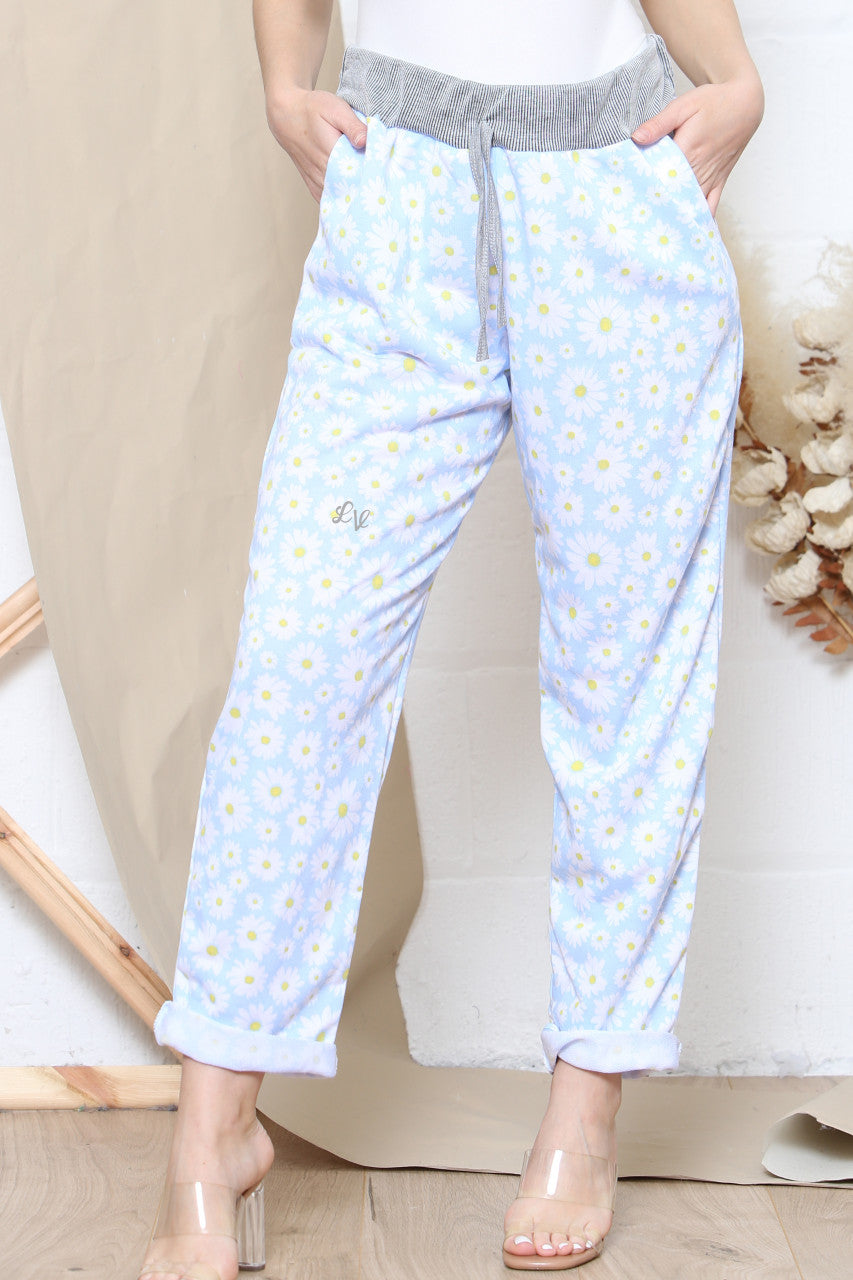 Ladies Daisy Print Jogging Pants Sky Blue
