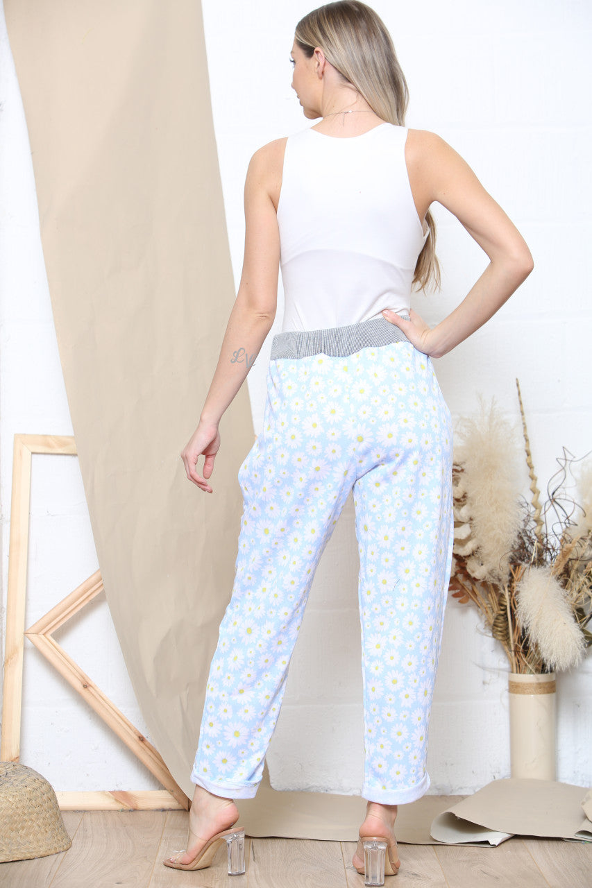 Ladies Daisy Print Jogging Pants Sky Blue