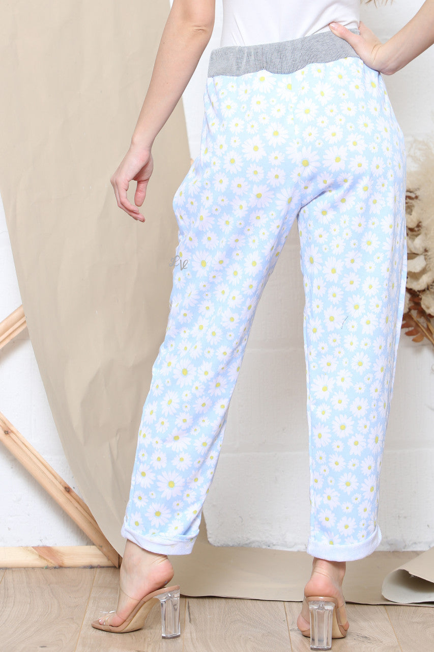 Ladies Daisy Print Jogging Pants Sky Blue