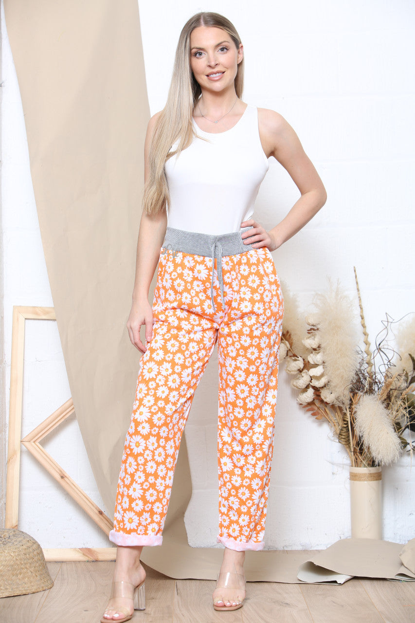 Ladies Daisy Print Jogging Pants Orange
