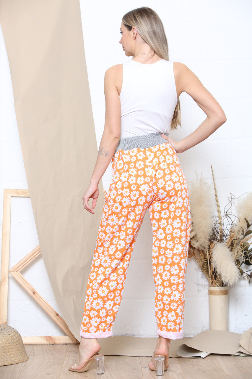 Ladies Daisy Print Jogging Pants Orange
