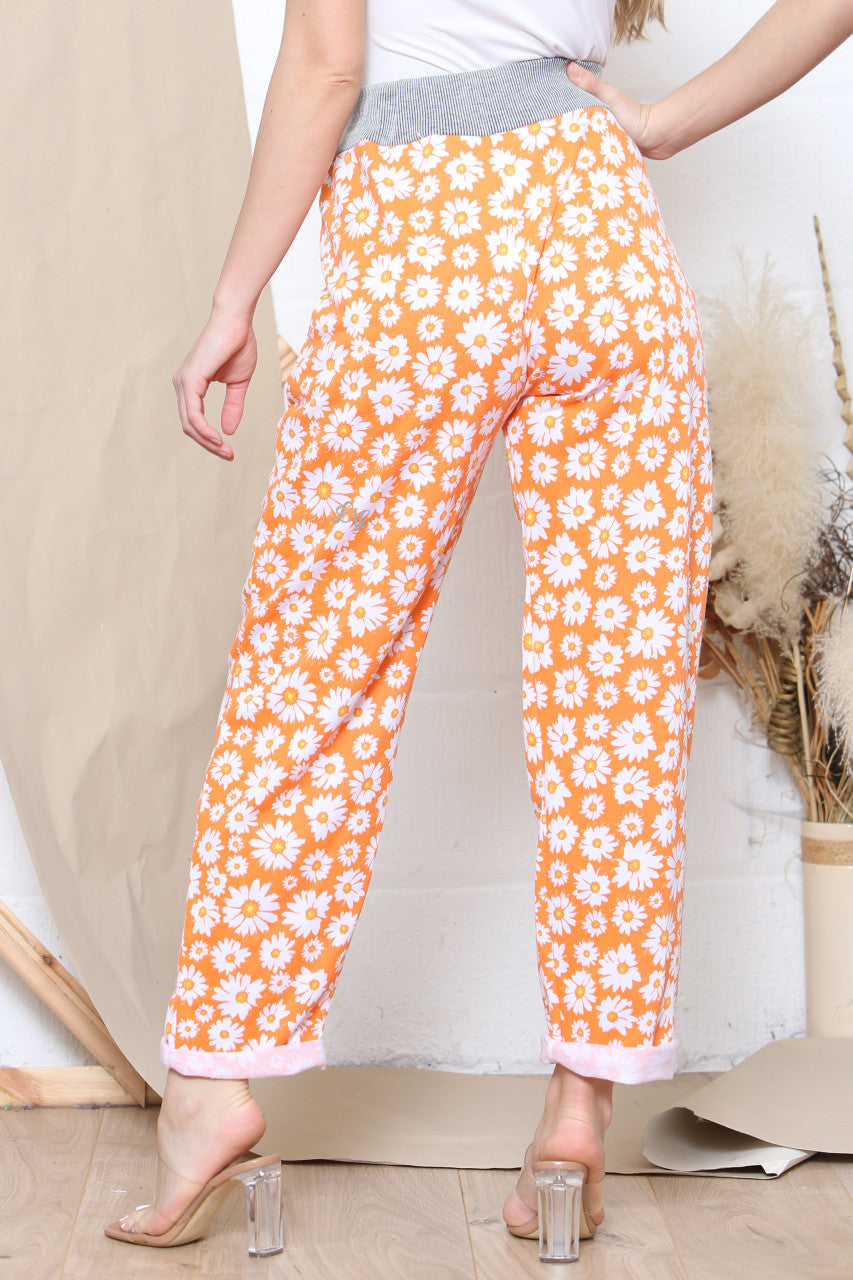Ladies Daisy Print Jogging Pants Orange