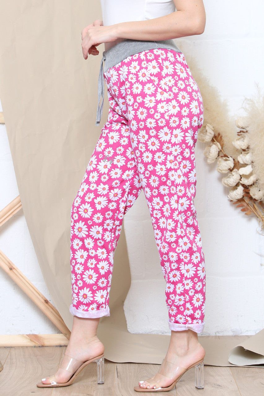 Ladies Daisy Print Jogging Pants Cerise
