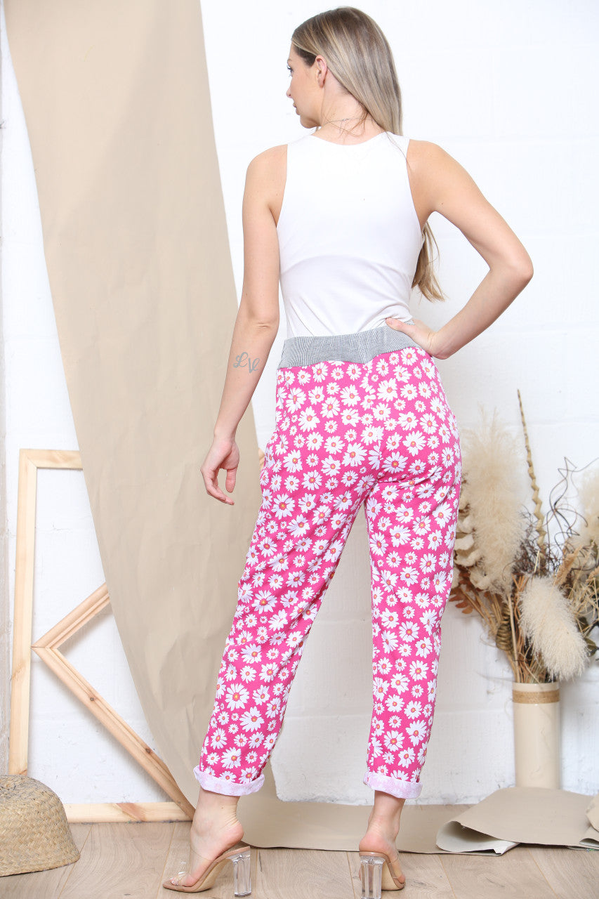 Ladies Daisy Print Jogging Pants Cerise