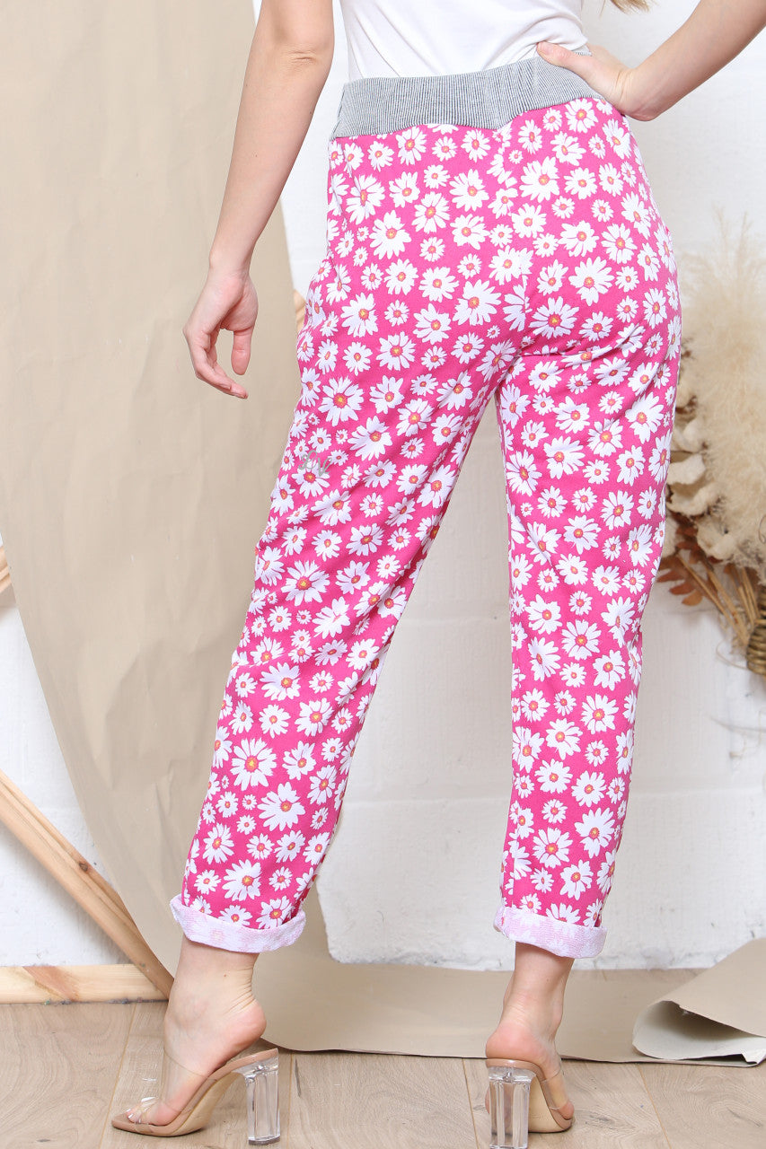 Ladies Daisy Print Jogging Pants Cerise