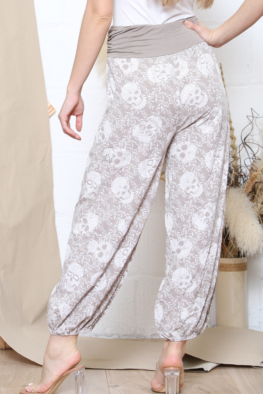 Ladies Skull Print Gypsy Style Trousers Stone