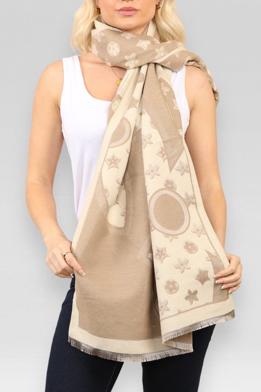 SJAAL MET BLOEMEN- EN GEOMETRISCHE PRINT TAUPE