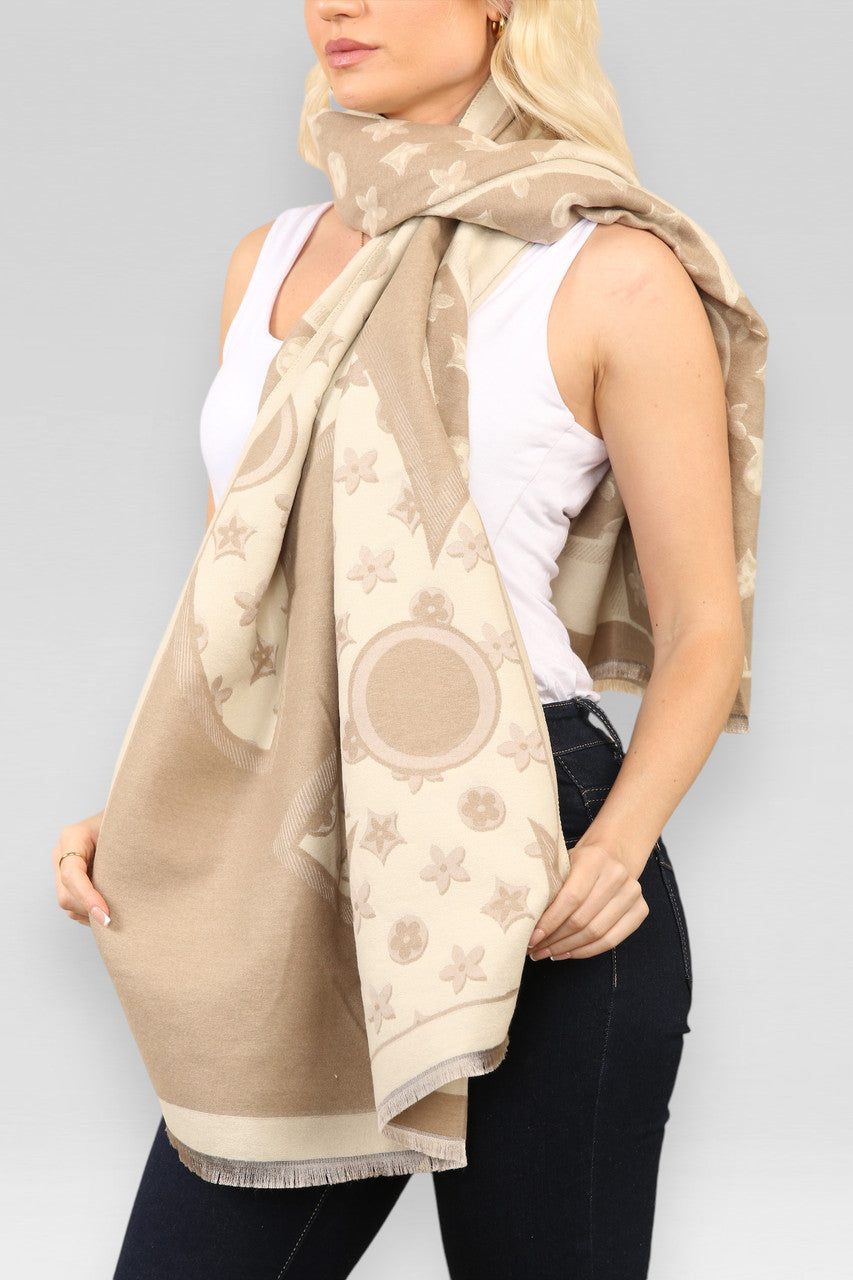 SJAAL MET BLOEMEN- EN GEOMETRISCHE PRINT TAUPE