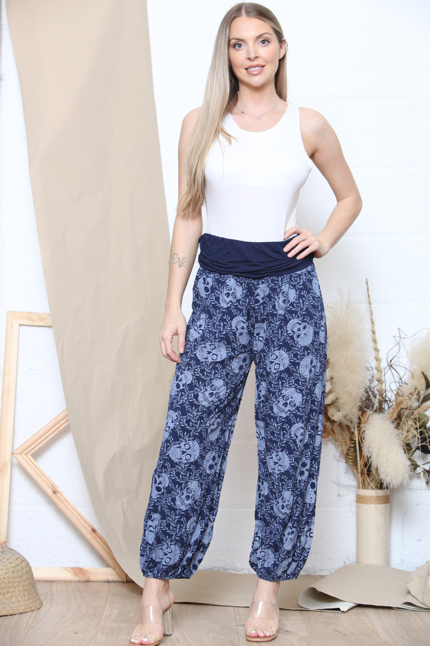 Ladies Skull Print Gypsy Style Trousers Navy